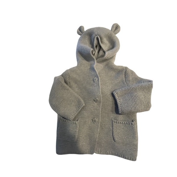 GAP Other - Baby Gap Grey Button Up Bear Hood Cardigan Knit Sweater size 3-6M